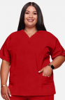Female Red V-neck Scrub Top with Embroidered Student Name & Barry Tech Logo